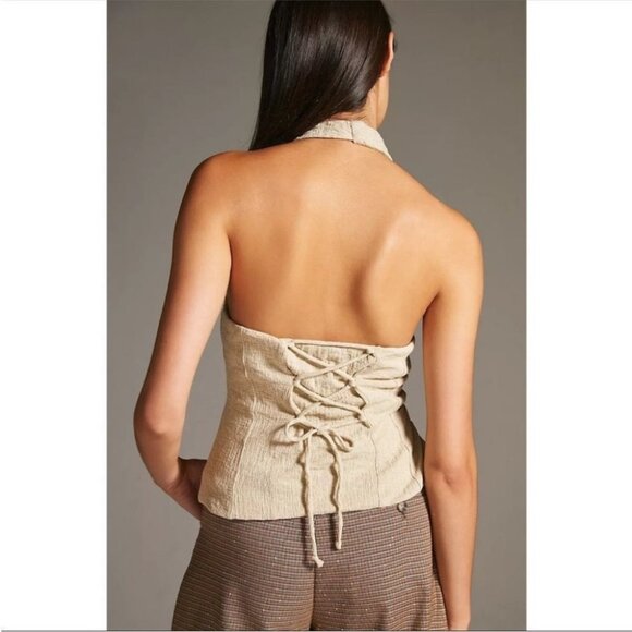 By Anthropologie Halter Cotton Button Front Vest Halter Top Sand Beige - Picture 4 of 14